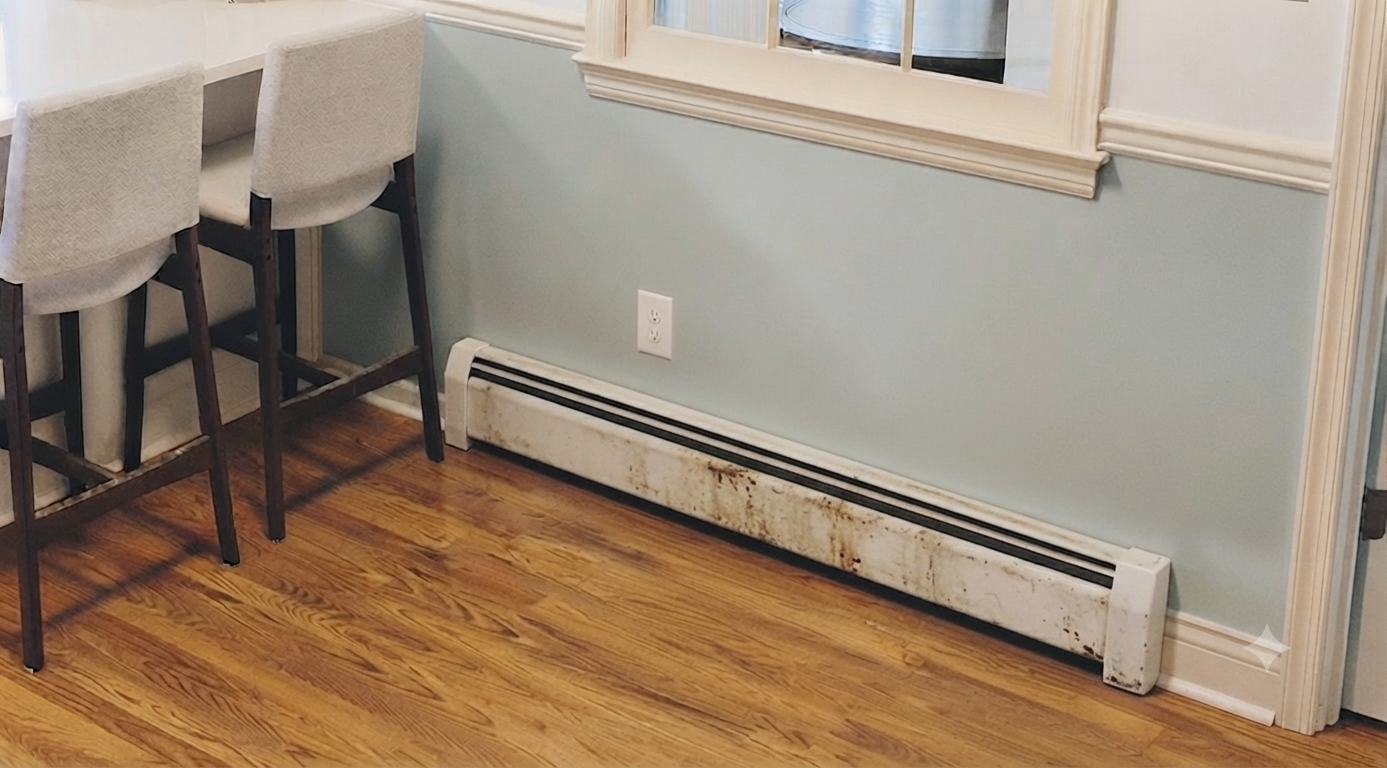 Rusty baseboard heater before cover installation